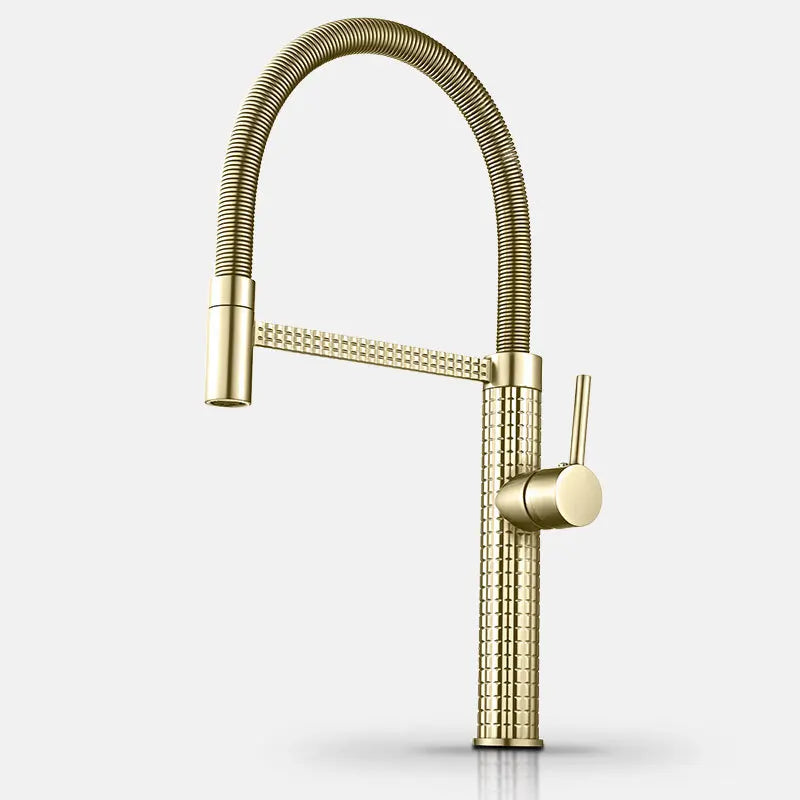 Afralia™ Spring Carved Brass Kitchen Faucet Mixer with Rotating Pull Down Handle