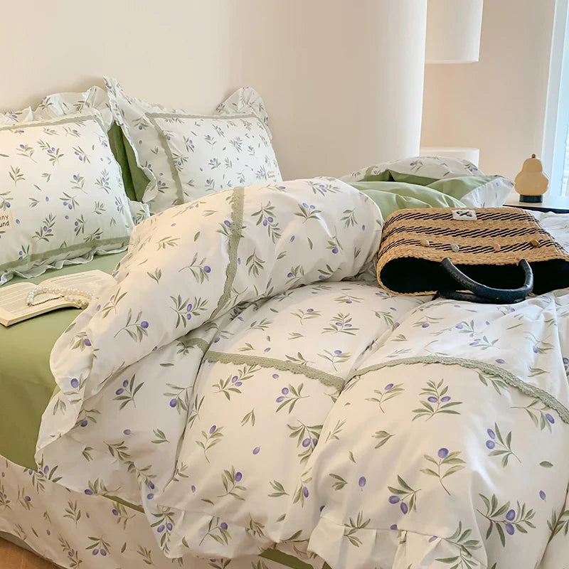 Afralia™ Princess Pastoral Cotton Bedding Set with Lace Ruffles & Floral Design