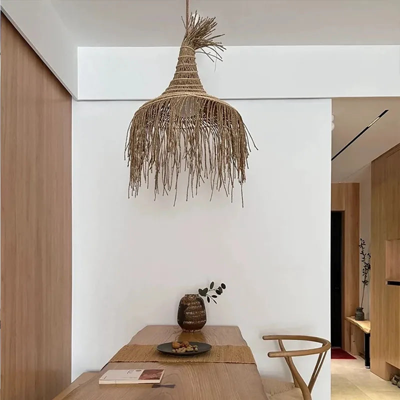Afralia™ Wabi Sabi Rattan Straw Hat Chandelier Pendant Light