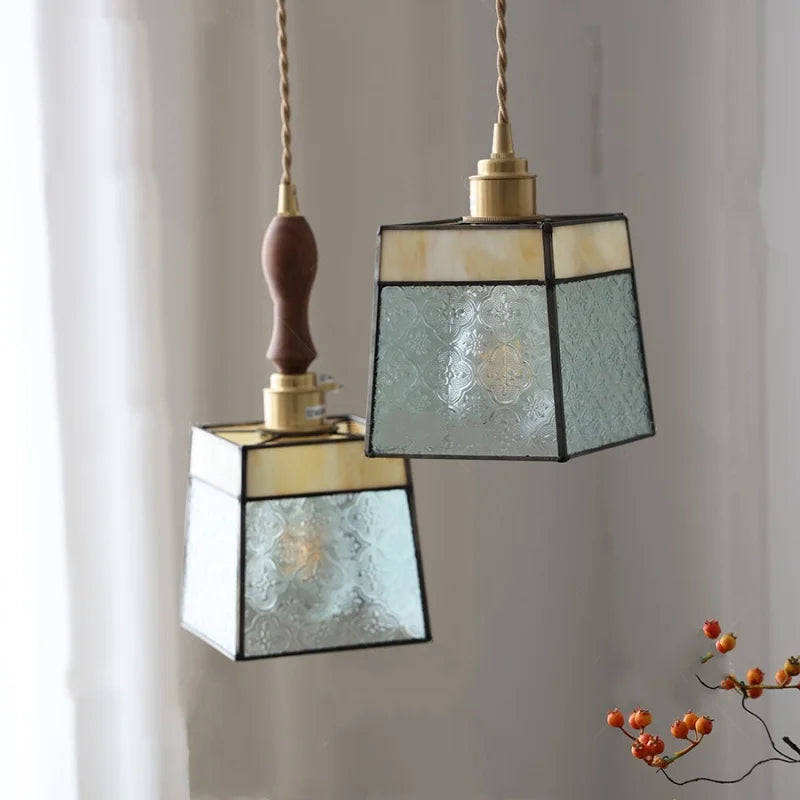 Afralia™ Vintage Flower LED Glass Pendant Light Fixture with Walnut Wood - Japan Style