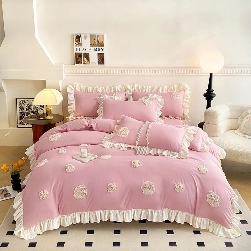 Afralia™ Pink Stereoscopic Bedding Set: Handwork Flowers Embroidery, Ruffle, Korean Style