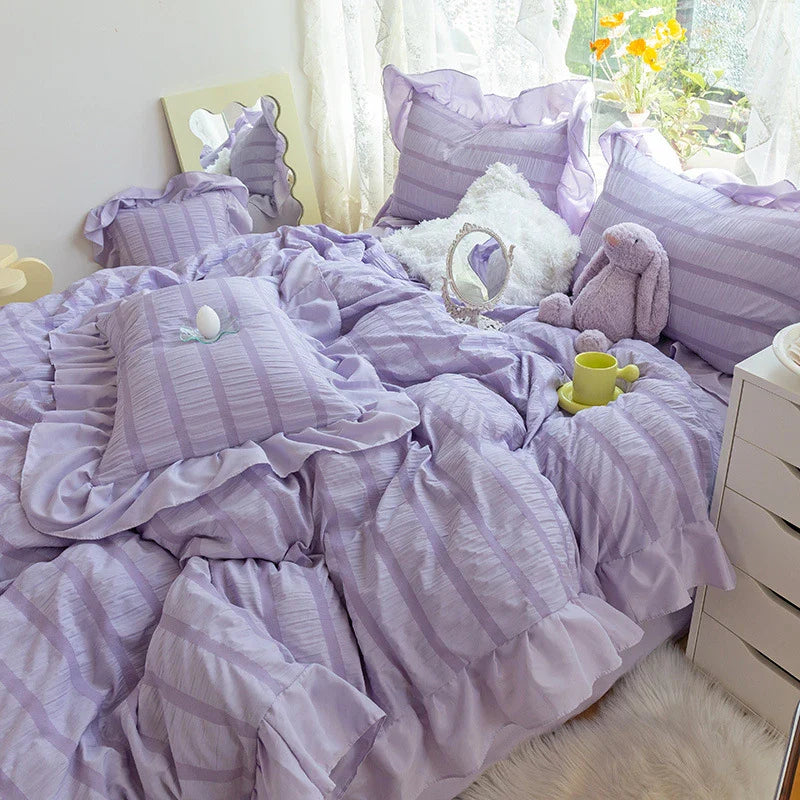 Afralia™ Princess Seersucker Kawaii Bedding Set | Lovely Ruffles Duvet Cover | Soft Comfortable Bed Sets