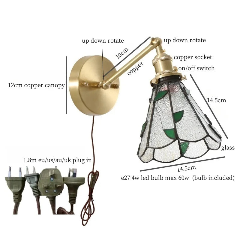 Afralia™ Hexagonal Glass LED Wall Lamp Vintage Copper Pull Chain Switch for Living Room