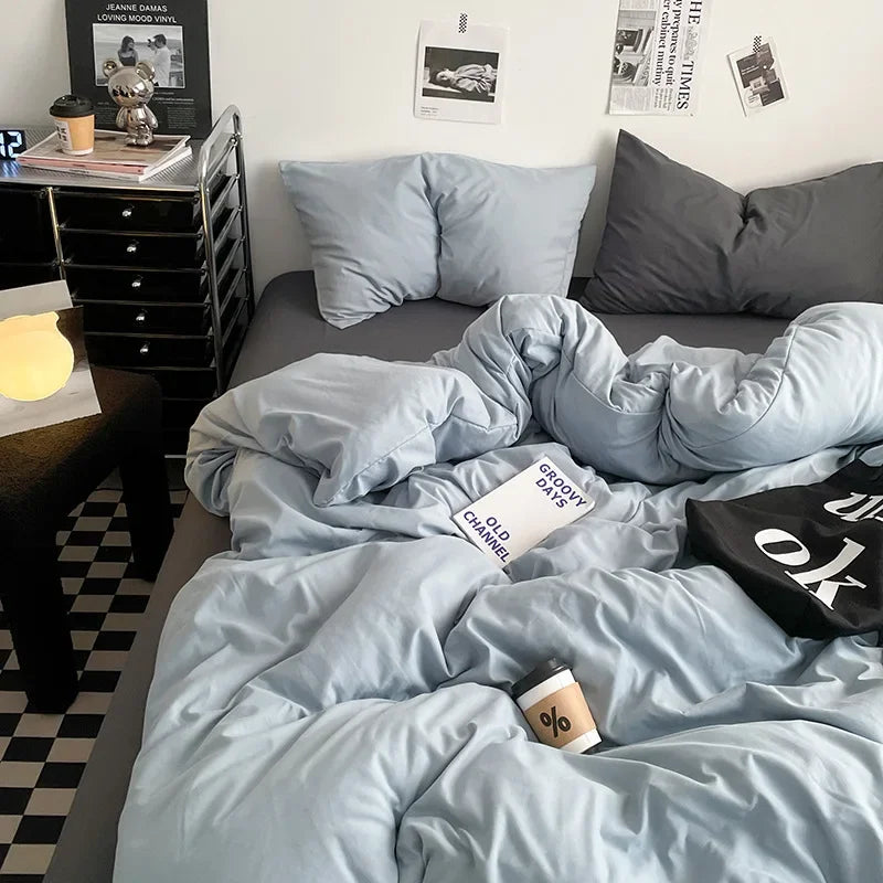 Afralia™ Washed Cotton Bed Set - Soft & Breathable 4-Piece Solid Color Duvet Cover Bed Sheet