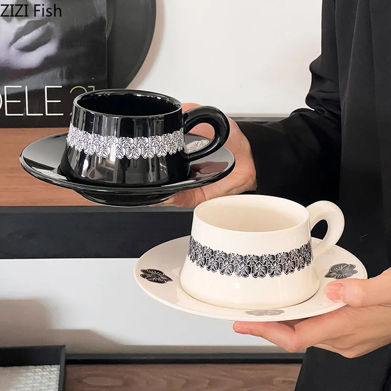 Afralia™ Black Flower Porcelain Cup & Saucer Set, Elegant Coffee Mug for Dining & Afternoon Tea