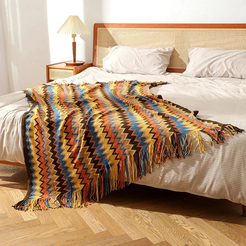 Afralia™ Boho Knitted Striped Blanket with Tassels