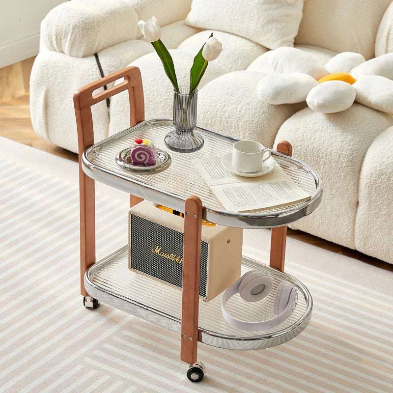 Afralia™ Nordic Wood End Table Tea Table, Movable Trolley, Glass Top, Multifunctional Storage Rack.