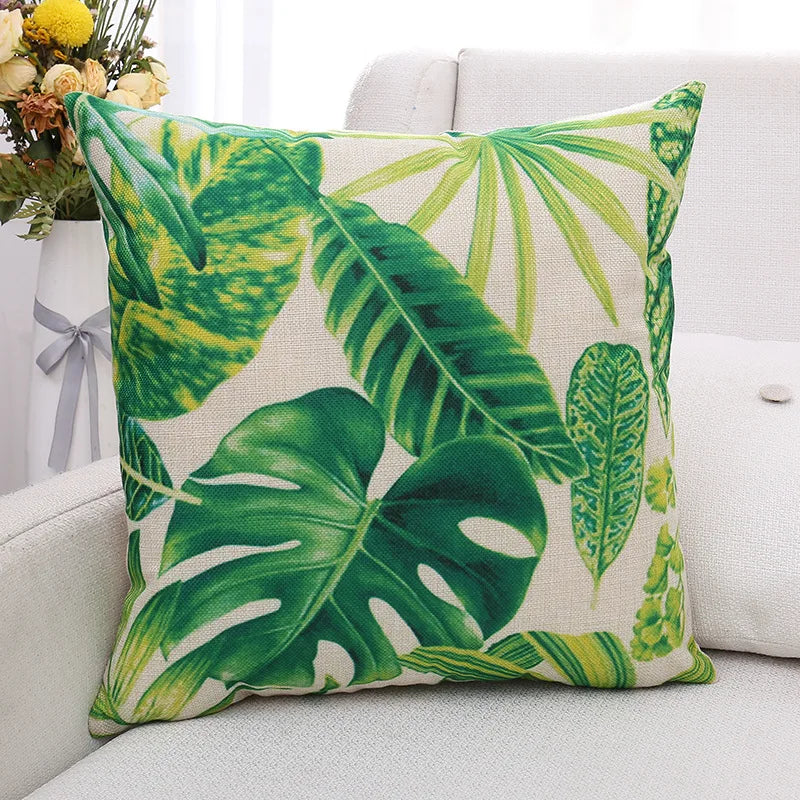 Afralia™ Green Plant Leaves Flower Linen Cushion Cover - Modern Sofa Throw Pillow Cover