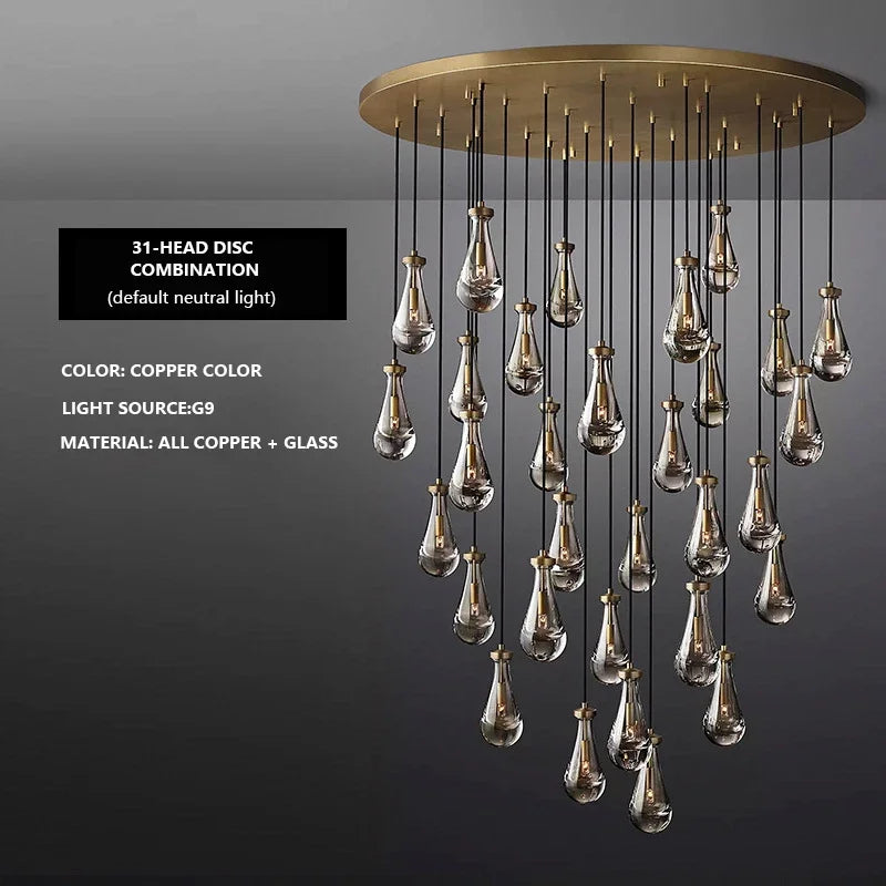 Afralia™ Luxury Brass Raindrop Glass Chandelier for High Ceilings