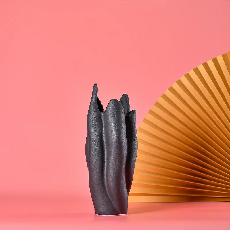 Afralia™ Black Texture Ceramic Vase Irregular Crafts Flower Arrangement Home Decoration