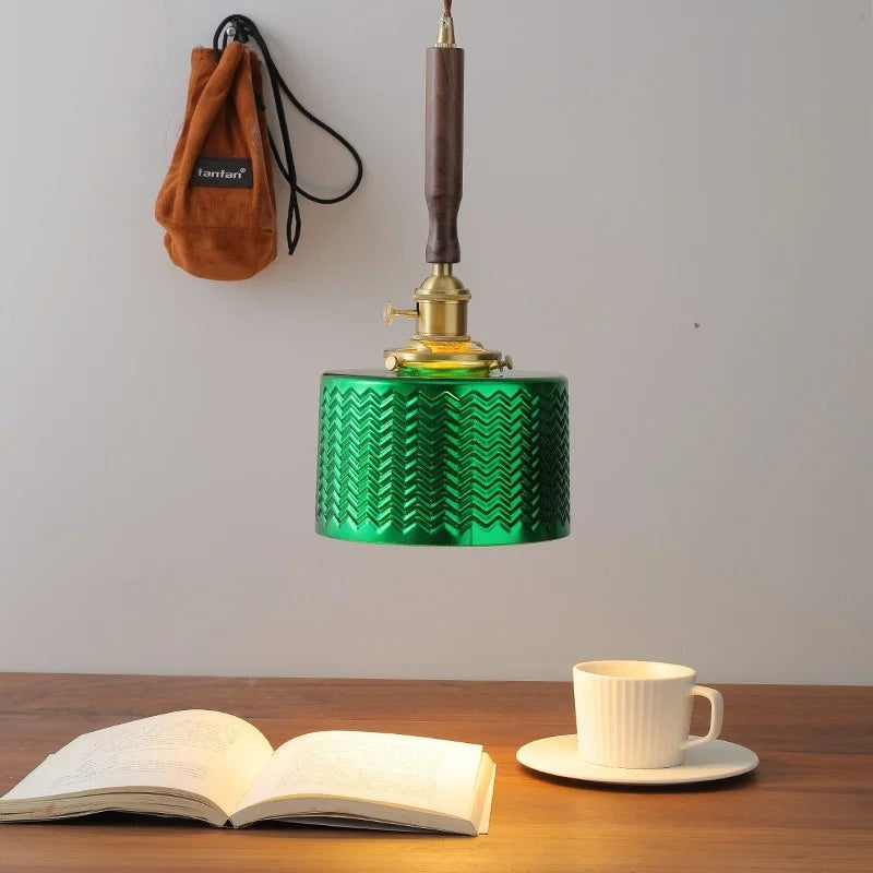 Afralia™ Modern Walnut Wood LED Pendant Lights with Green Glass & Copper Knob Switch
