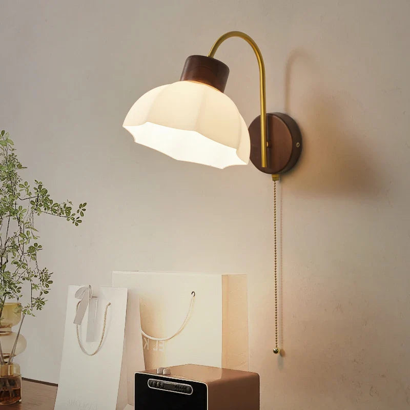 Afralia™ LED Wall Sconce Pull Chain Switch Modern Stair Lights Glass Wood