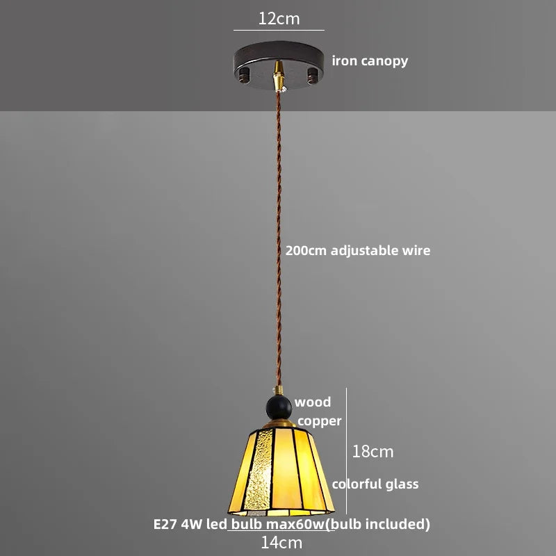 Afralia™ Tiffany Glass LED Pendant Lights: Modern Nordic Copper Wood Hanging Lamp