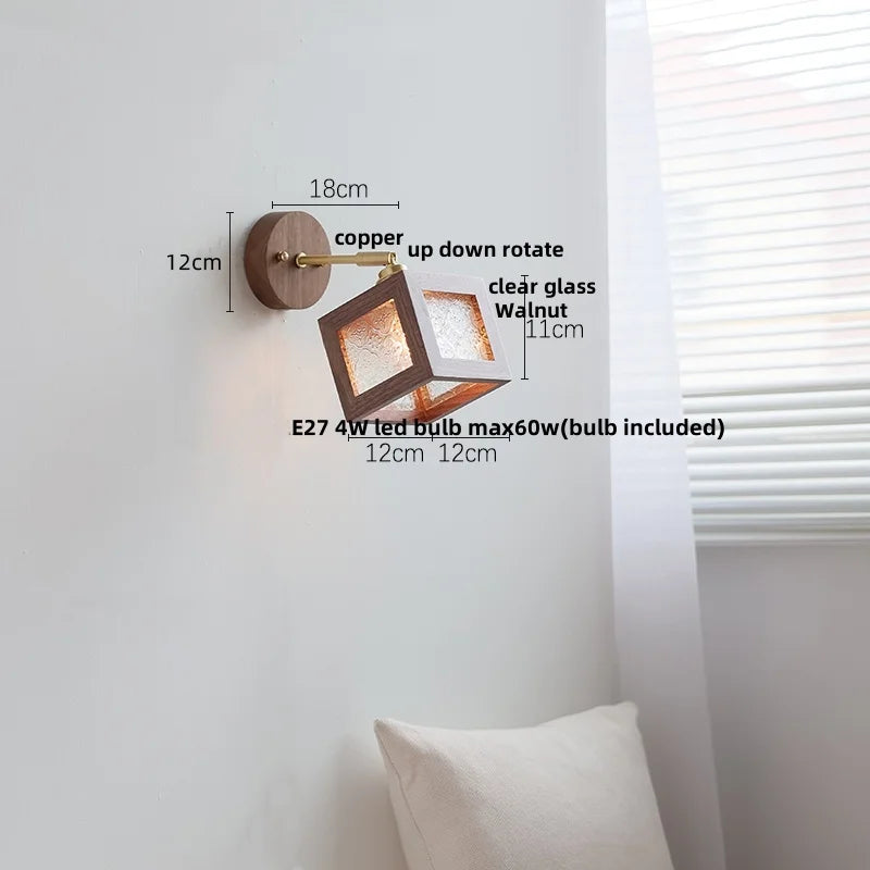 Afralia™ Modern Walnut Wood LED Wall Light Fixture Glass Bedroom Living Room Sconce