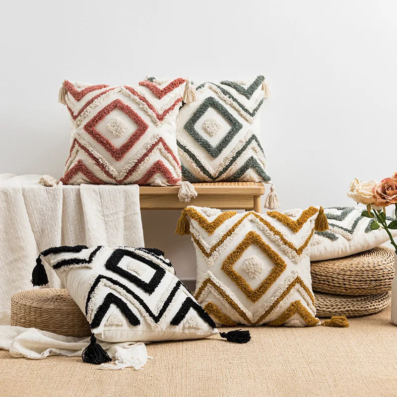 Afralia™ Geometric Embroidery Boho Cushion Cover Sofa Decorative Pillowcase Canvas Cotton