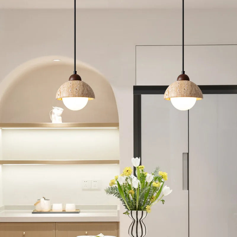 Afralia™ Yellow Travertine LED Pendant Light - Japanese Style Vintage Hanging Lamp