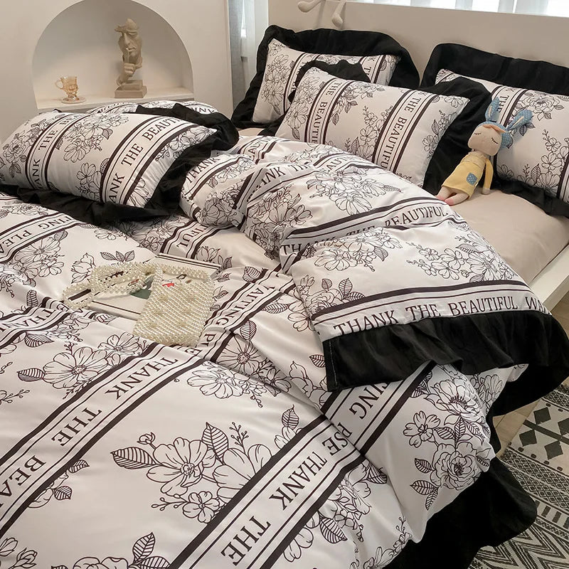 Afralia™ Princess Style Ruffles Duvet Cover Set with Flower Print and Pillow Case