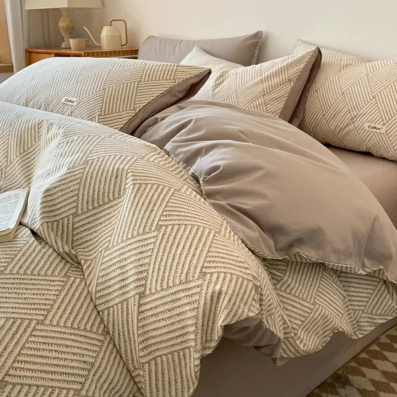 Afralia™ Grid Printed Cotton Fitted Sheet Set - Double-Sided Mix Color Quilt Cover