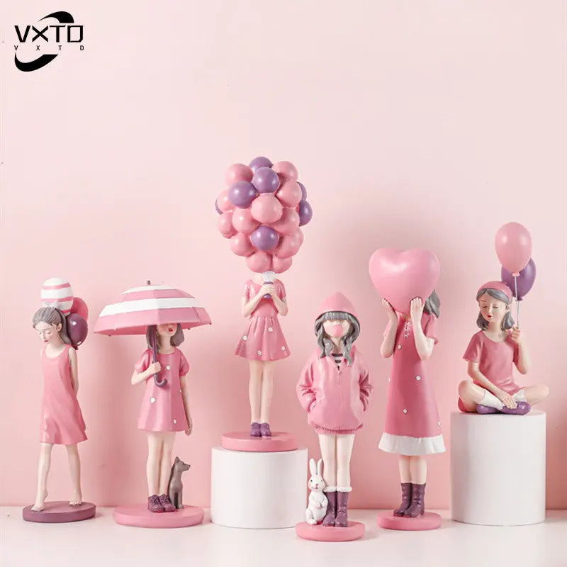 Afralia™ Nordic Pink Balloon Girl Figurines: Sweet Room Decor & Dressing Table Crafts