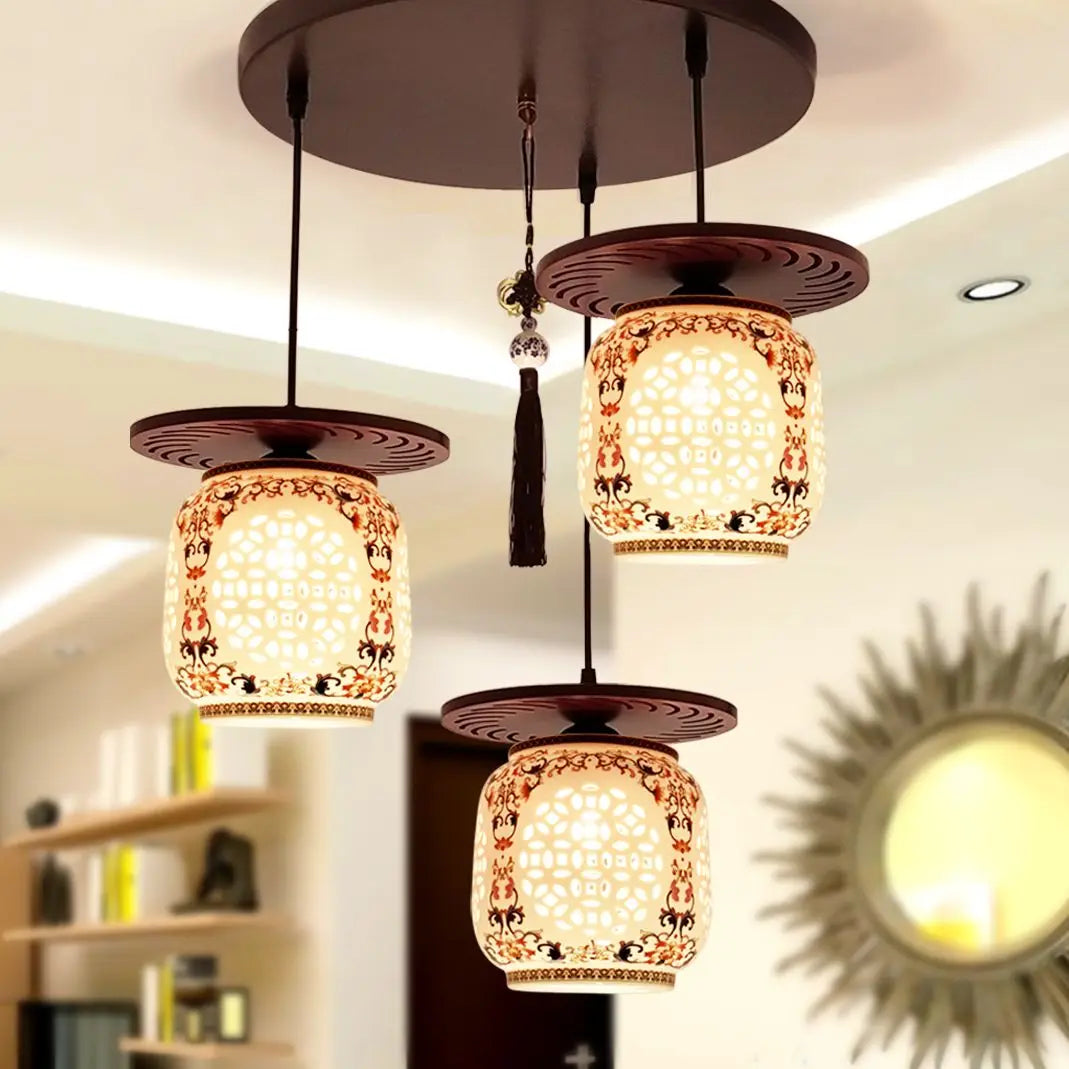 Afralia™ Three-Headed Chinese Antique Ceramic Pendant Light for Study, Dining Room, Bedroom
