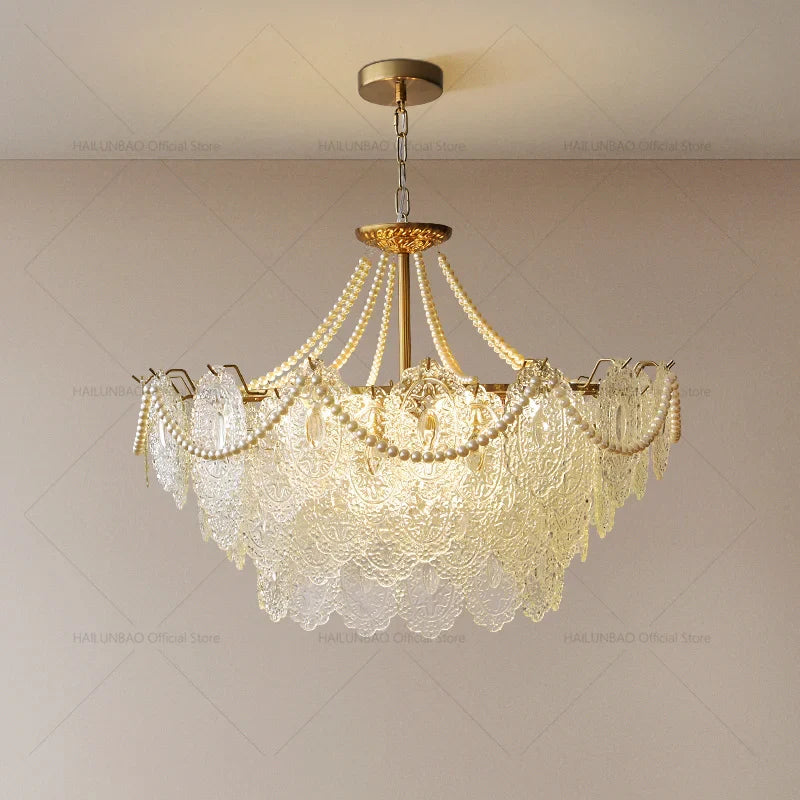 Afralia™ Pearl Crystal Chandelier for Dining Living Bedroom, Elegant French Shell Glass Light