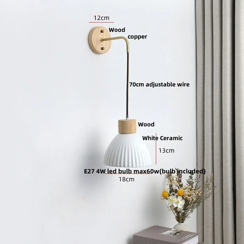 Afralia™ Nordic LED Wall Sconce Pull Chain Switch Ceramic Wood Mirror Light