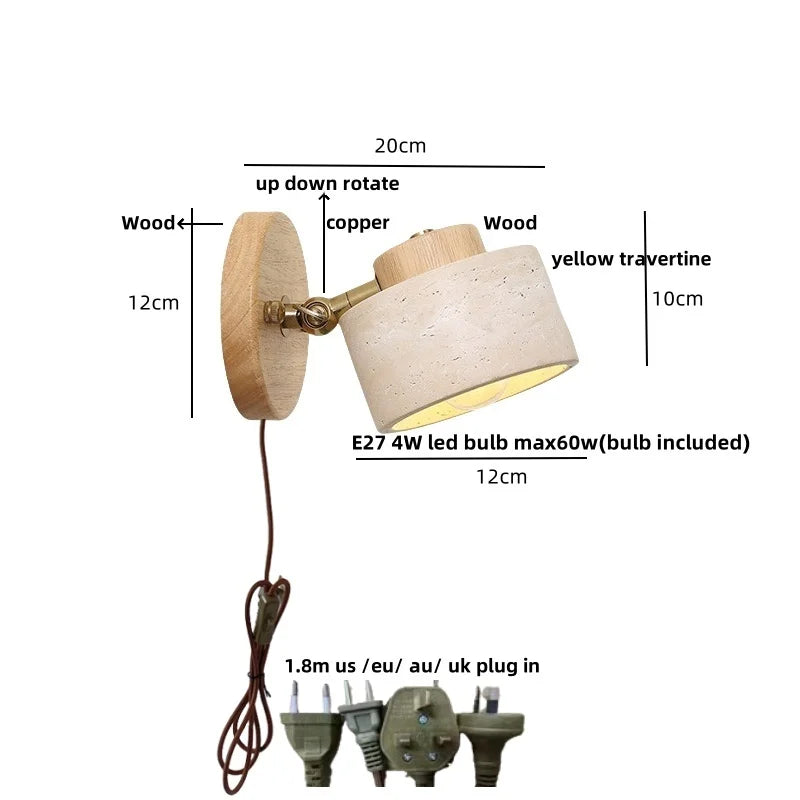 Afralia™ Vintage LED Wall Sconce Lamp Yellow Travertine Pull Chain Switch Wood Mirror Light
