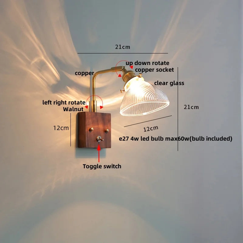 Afralia™ Clear Glass LED Wall Lights Modern Wood Walnut Copper Stair Fixture