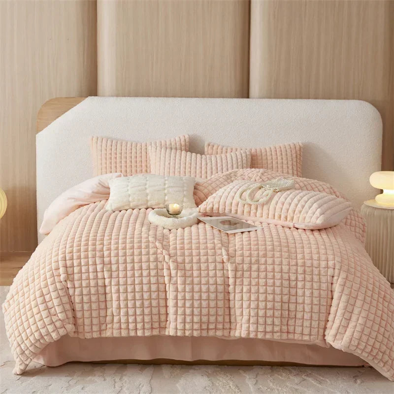 Afralia™ Faux Fur Bedding Set: Double Queen King Size Duvet Cover Sheet Pillowcase