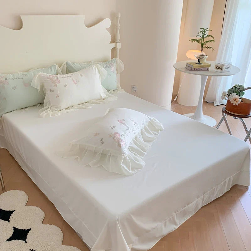 Afralia™ 4Pcs Flowers Embroidery Princess Queen Bedding Set with Lace Ruffles