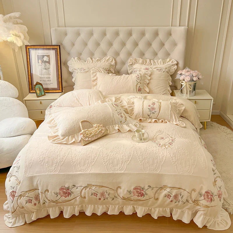 Afralia™ Vintage French Velvet Lace Embroidery Bedding Set with Ruffles Flowers