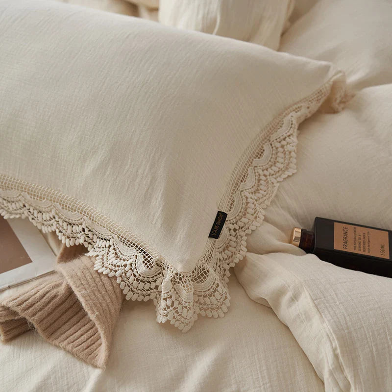 Afralia™ Vintage Lace Edge Cotton Bedding Set: Duvet, Sheets, Pillowcases