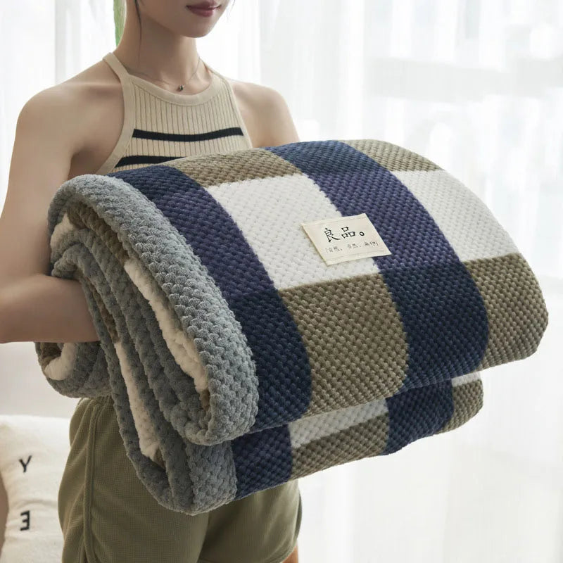 Afralia™ Japanese Striped Coral Fleece Blanket: Warm Sofa Cover, Office Nap Shawl, All Seasons