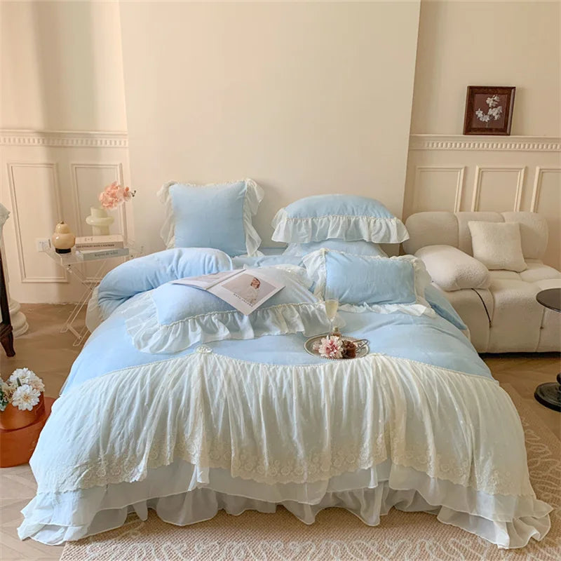 Afralia™ French Princess Velvet Bedding Set, Queen Size with Lace Ruffles