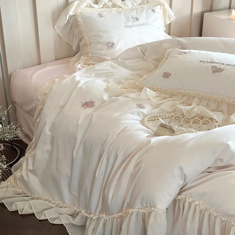 Afralia™ Vintage Rose Embroidery Lace Princess Wedding Bedding Set