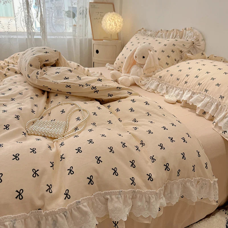 Afralia™ Floral Lace Ruffles Bedding Set in 100% Cotton, Korean Style, Single/Queen/King Size