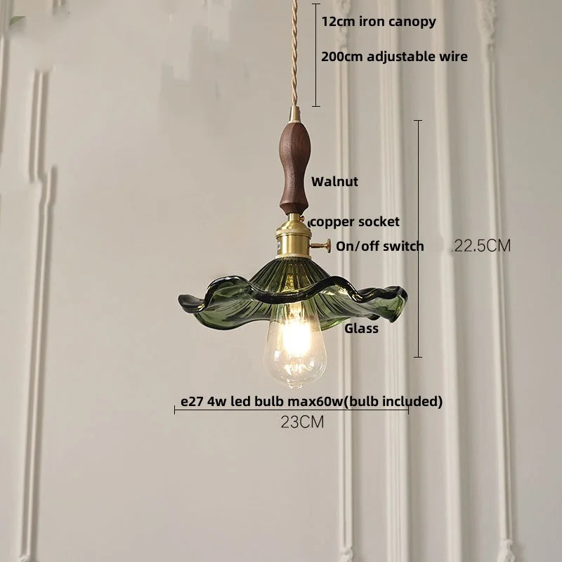 Afralia™ Amber Glass LED Pendant Lamp with Walnut Wood Accent - Modern Nordic Hanging Light