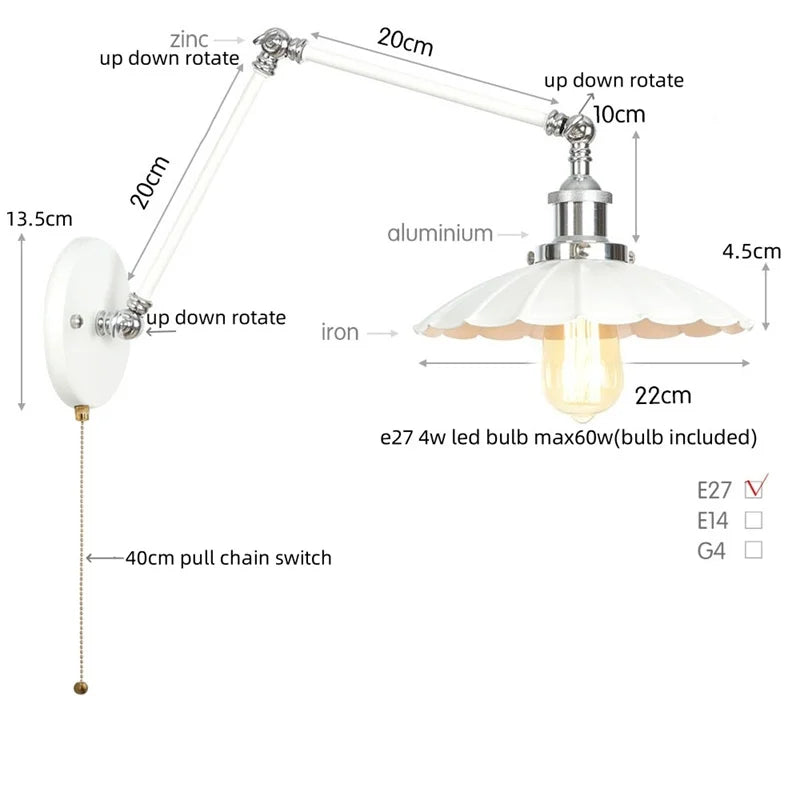 Afralia™ Industrial Lens Vintage Loft LED Wall Lamp with Swing Arms & Pull Chain Switch