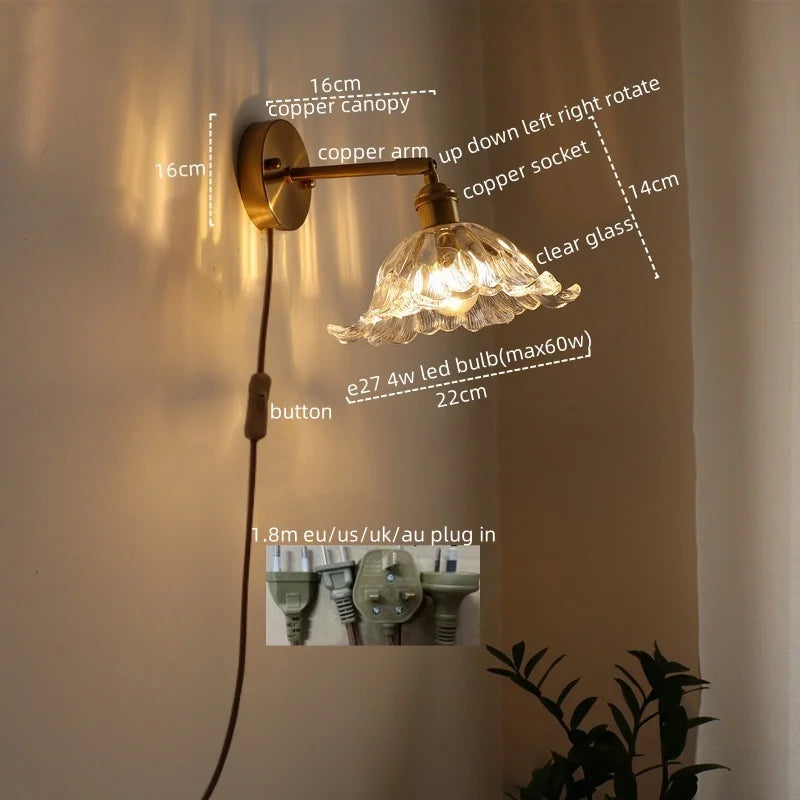 Afralia™ Glass Sconce LED Wall Lamp, Copper Nordic Bedroom Light Fixtures