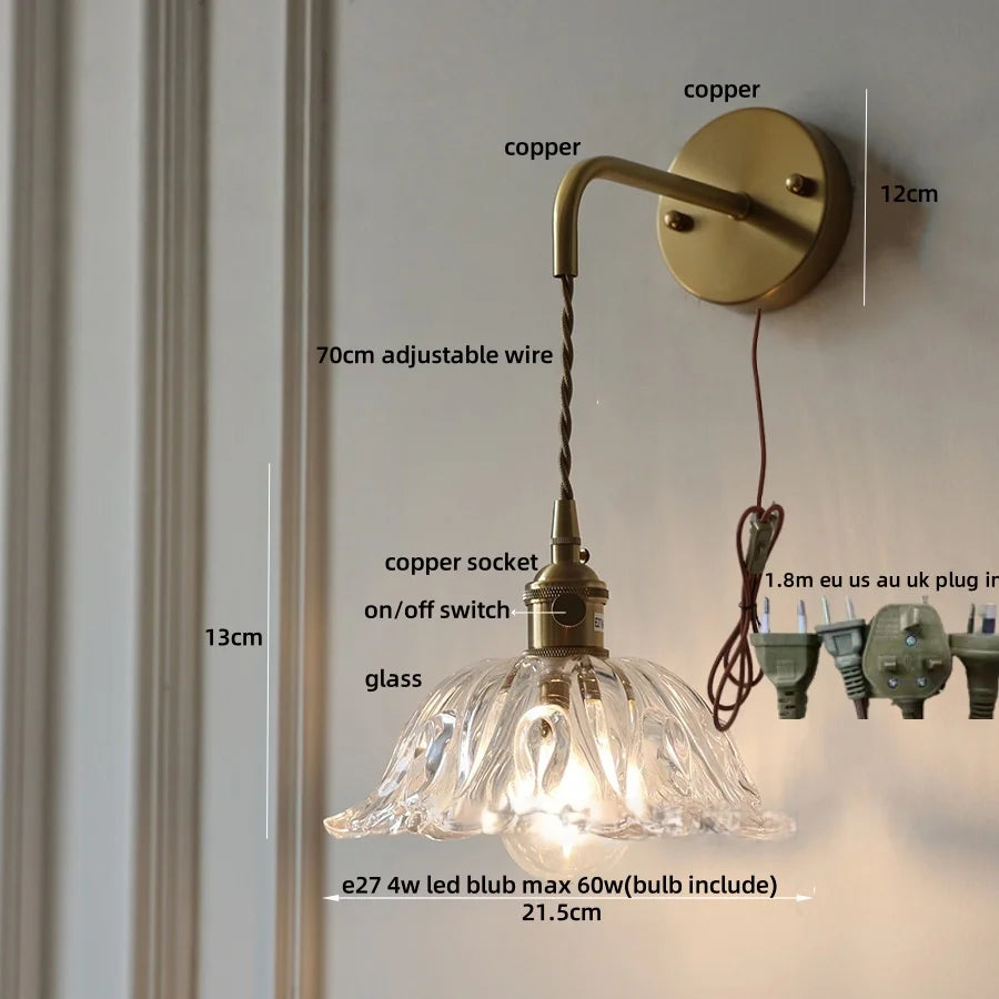 Afralia™ Glass & Copper Green Flower LED Wall Sconce with Pull Chain