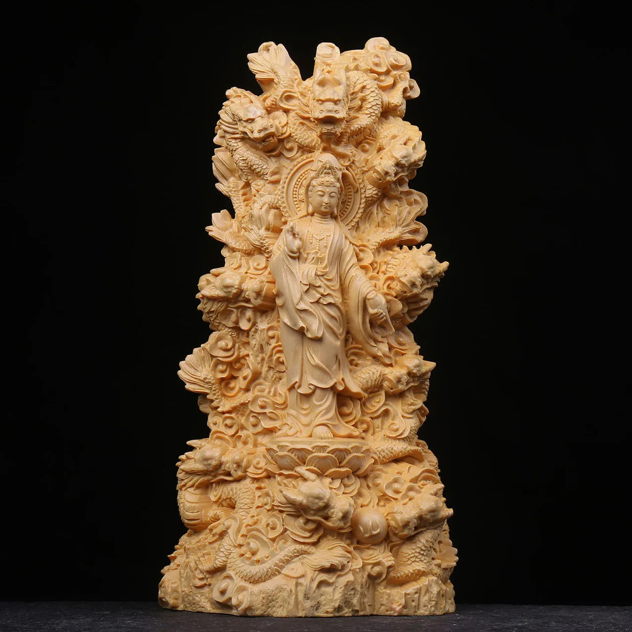 Afralia™ Wooden Carved Nine Dragons Guanyin Puxian Bodhisattva Home Decor Ornament