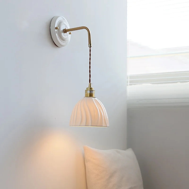 Afralia™ Ceramic Wall Sconce with Copper Arm | Pull Chain Switch LED Bedroom Lamp