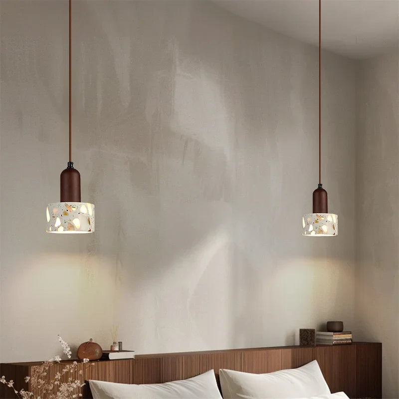 Afralia™ Terrazzo Stone Glass Pendant Light Fixture Wood Knob Switch LED Hang Lamp