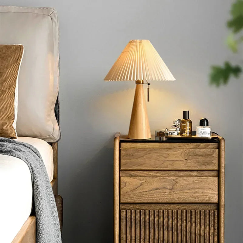 Afralia™ Nordic Retro Pleated Table Lamp - Solid Wood Desk Light for Bedroom and Living Room