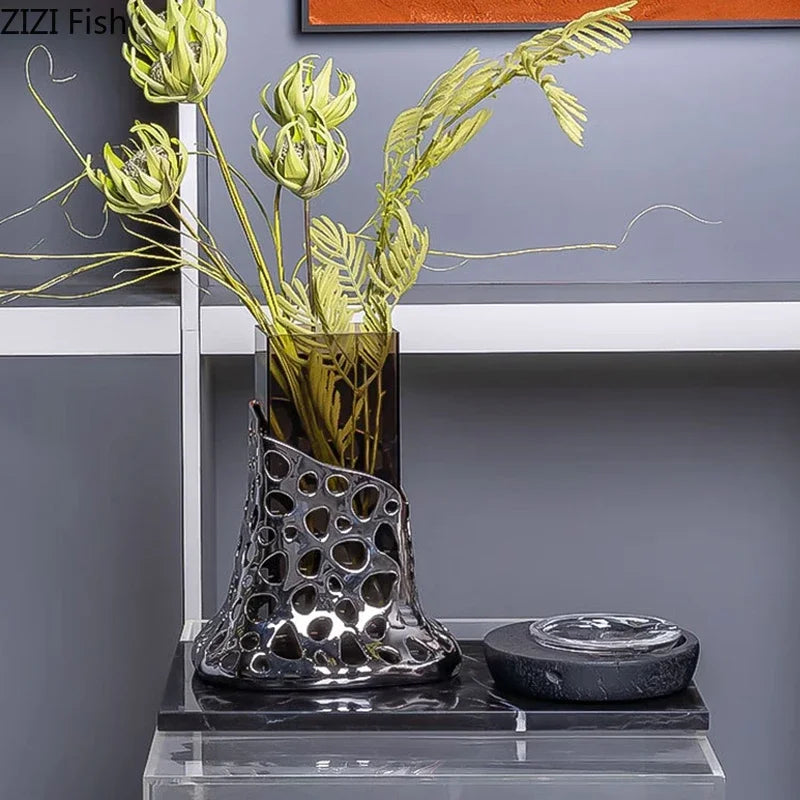 Afralia™ Gold Plated Hollowed Vase for Desk Decoration and Floral Arrangement