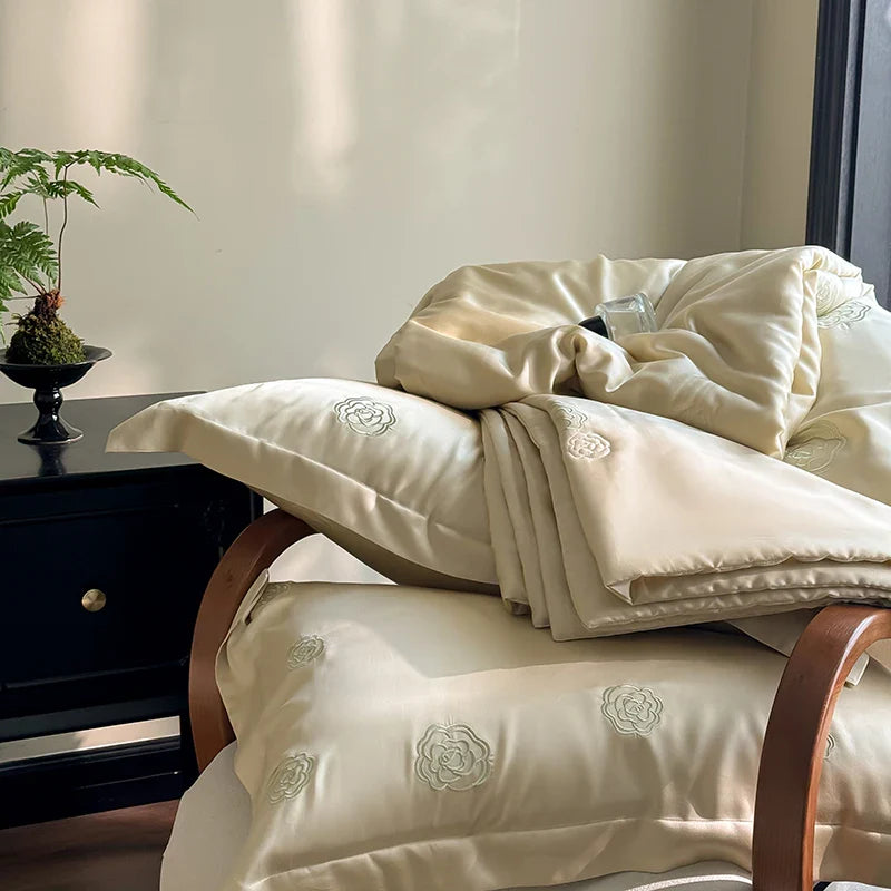 Afralia™ Eucalyptus Fiber Flower Embroidery Quilt Set with Bed Sheet & Pillowcase