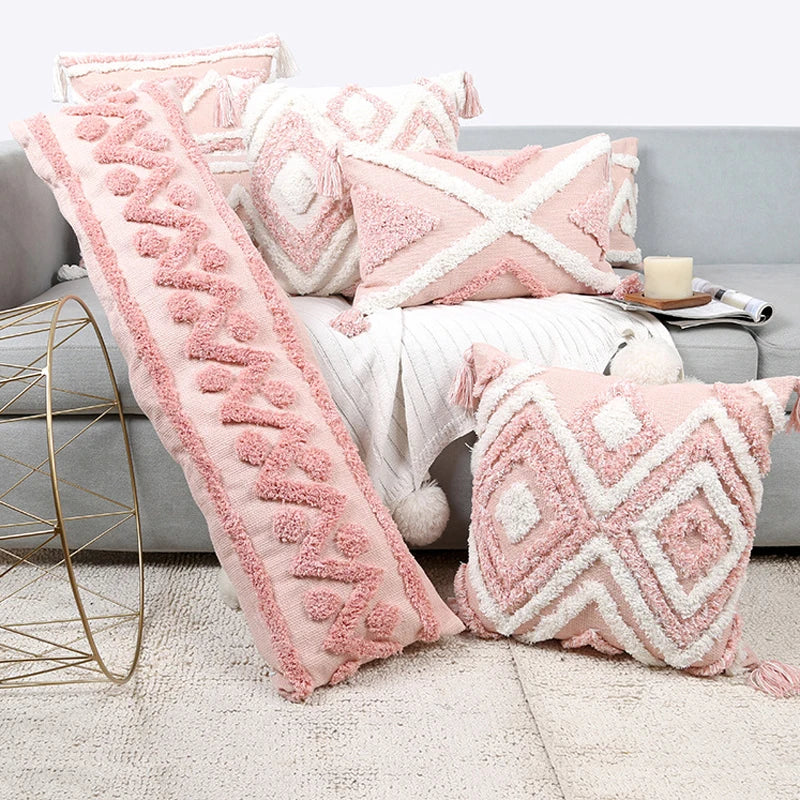 Afralia™ Tufted Pink Geometric Tassel Pillow Covers - Bohemian Style Home Decor