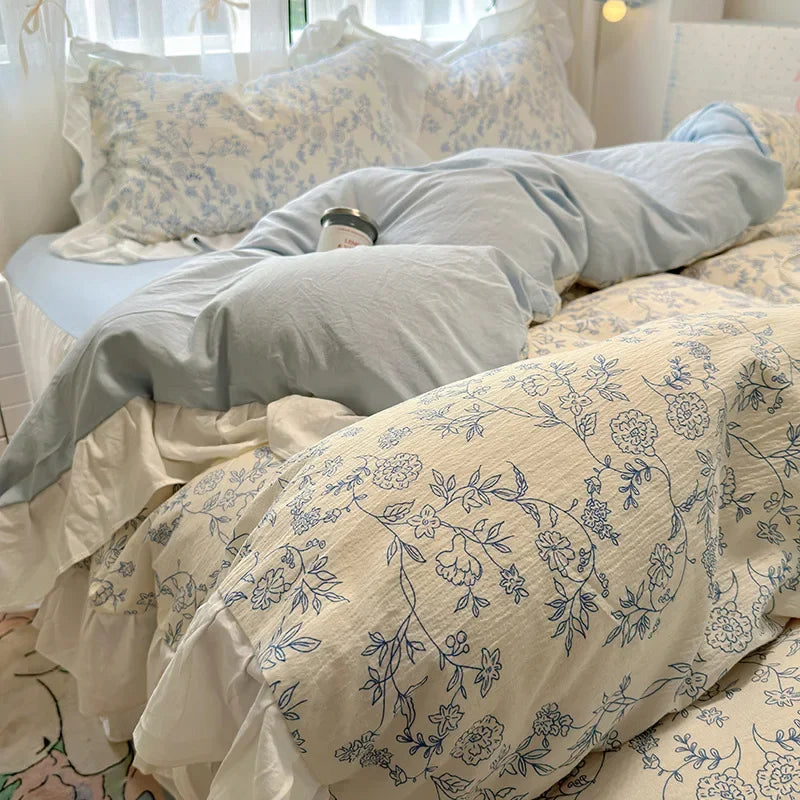 Afralia™ French Washed Cotton Princess Flower Quilt Cover Set - Spring Floral Bedding