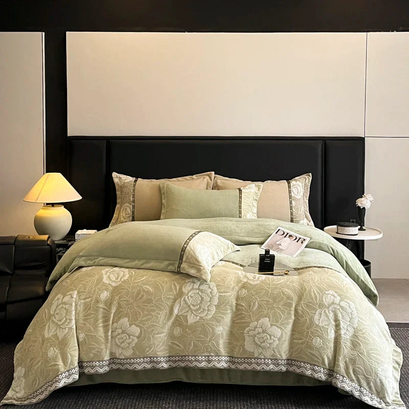 Afralia™ Winter Velvet Flowers Bedding Set: Warm & Cozy 4-Piece Duvet Cover, Bed Sheet, Pillowcases