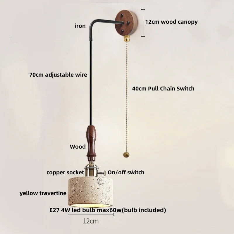 Afralia™ Yellow Travertine Stone Wood Wall Sconce LED Light Fixture, Modern Nordic Design